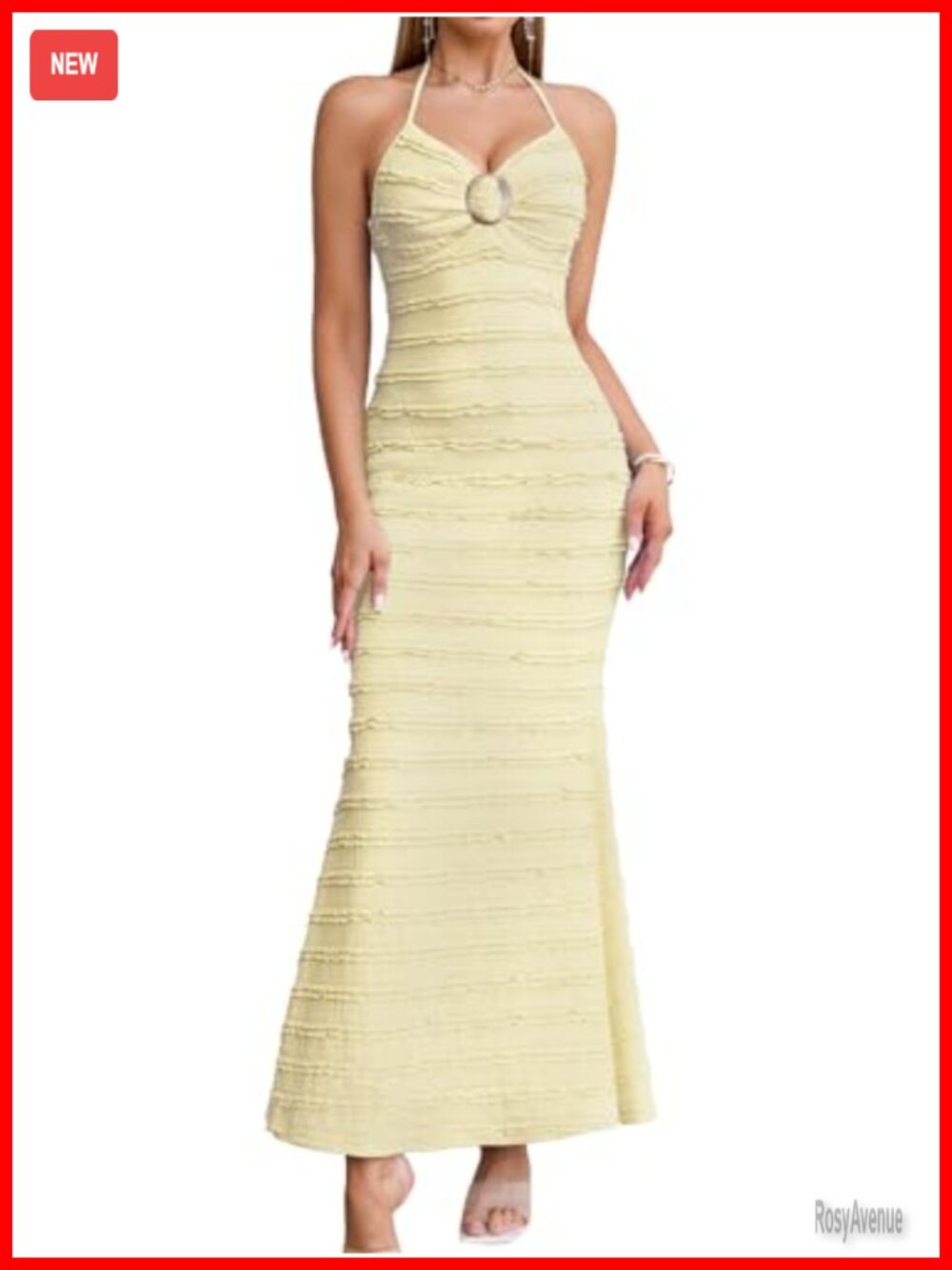 Women Ruffle Bodycon Maxi Dress Halter V Neck Wedding Guest Beach Vacation